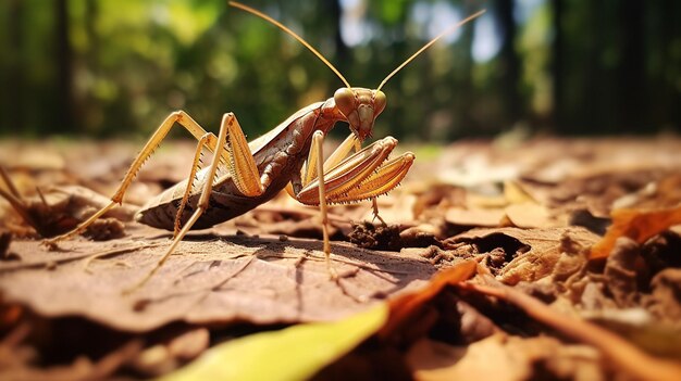 Foto de la mantis hoja muerta en el suelo