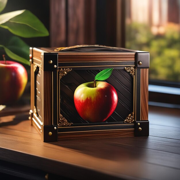 Foto de manzana fresca y sabrosa en el fondo de la cesta de madera sobre la mesa