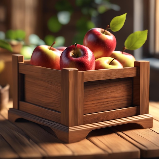 Foto foto de manzana fresca y sabrosa en el fondo de la cesta de madera sobre la mesa