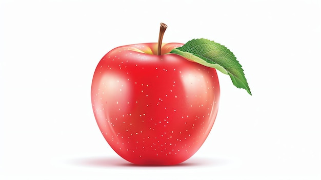 Una foto de una manzana roja con una hoja verde La manzana está sentada sobre un fondo blanco La manzana es lisa y brillante