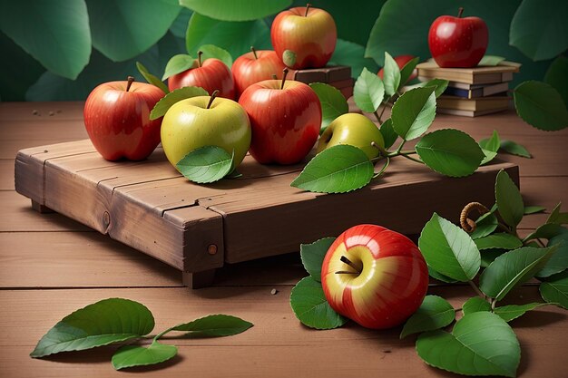 Foto de manzana roja en una mesa de madera con hojas verdes y un fondo verde