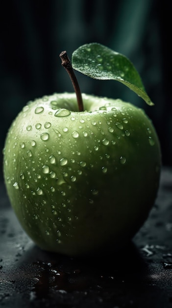 una foto de manzana verde rodeada de gotas de agua de lluvia