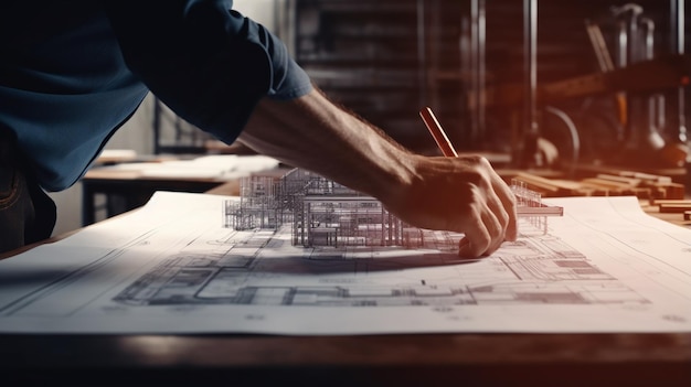 Foto foto mãos de engenheiro trabalhando em projeto de engenharia de conceito de construção