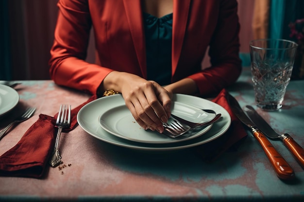 Foto mãos femininas com talheres e prato vazio