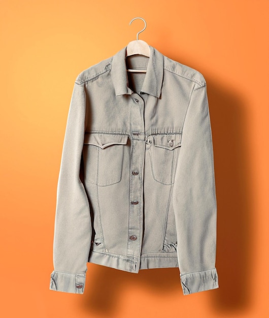 foto maqueta de chaqueta de jeans marrón sobre fondo naranja
