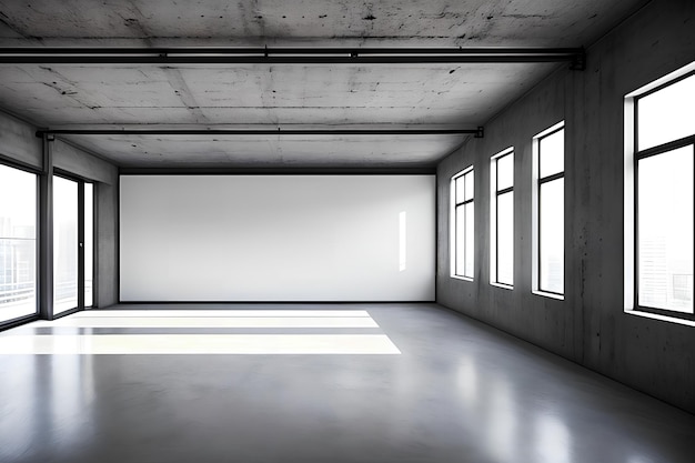 Foto de maqueta con una gran pared rectangular en blanco en un interior industrial de estilo minimalista