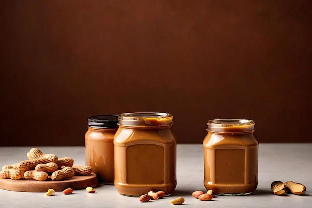 Foto de maquete de embalaje del producto de la sesión de fotos publicitarias del estudio Jar of peanut butter