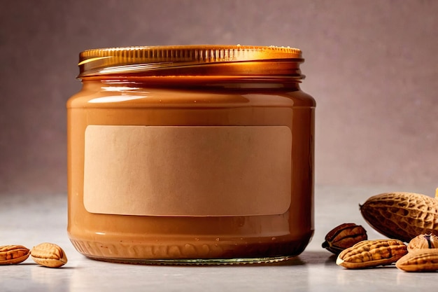 Foto de maquete de embalaje del producto de la sesión de fotos publicitarias del estudio Jar of peanut butter