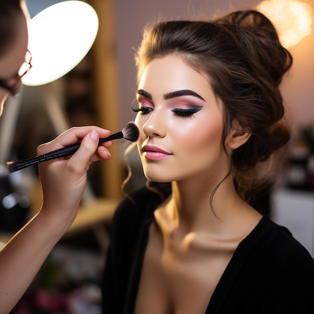 Foto de una maquilladora haciendo un maquillaje para la cara de una niña