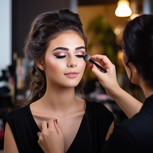 Foto de una maquilladora haciendo un maquillaje para la cara de una niña