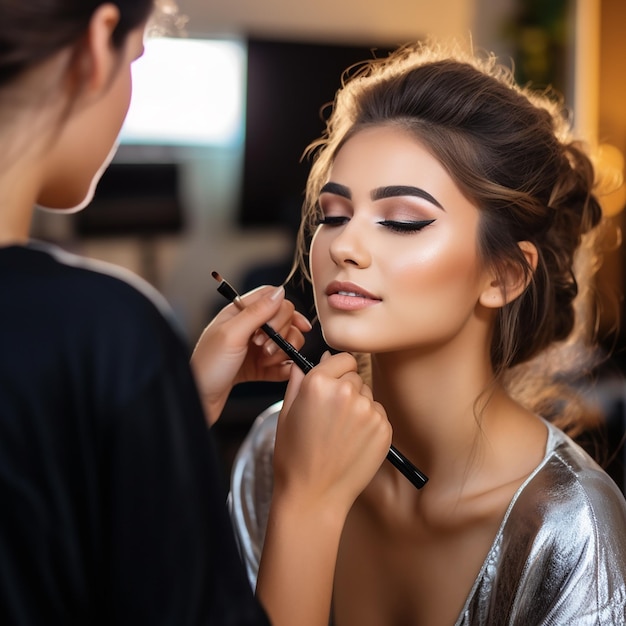 Foto de una maquilladora haciendo un maquillaje para la cara de una niña