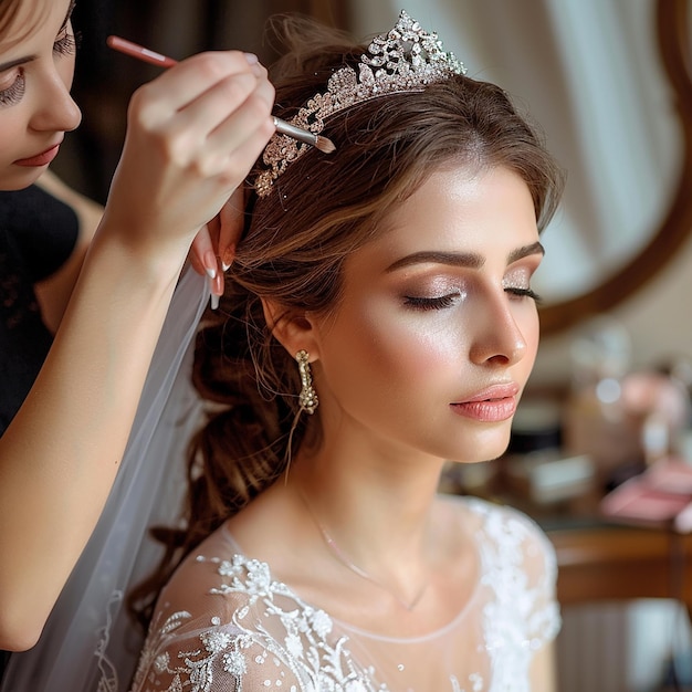 Foto de una maquilladora haciendo un maquillaje elegante para la novia.