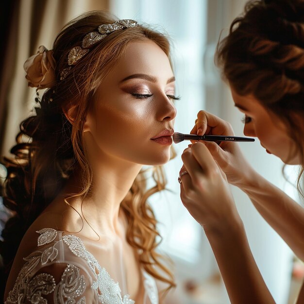 Foto foto de una maquilladora haciendo un maquillaje elegante para la novia.