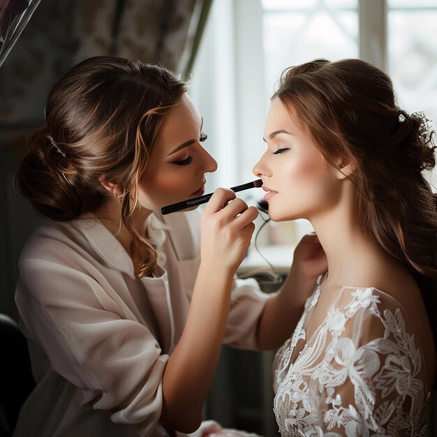 Foto foto de una maquilladora haciendo un maquillaje elegante para la novia.