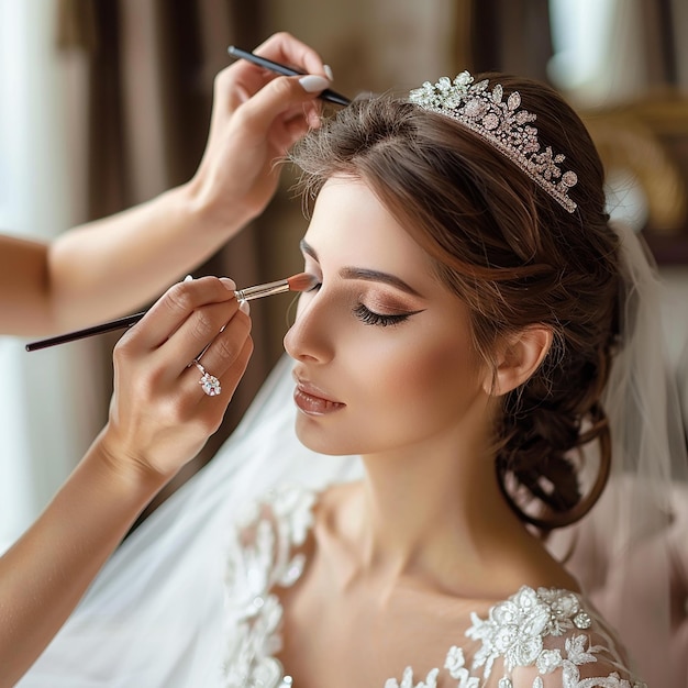Foto de una maquilladora haciendo un maquillaje elegante para la novia.