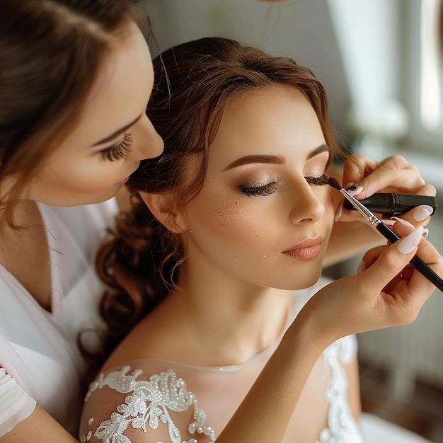 Foto de una maquilladora haciendo un maquillaje elegante para la novia.