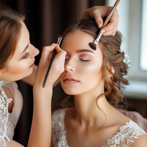 Foto de una maquilladora haciendo un maquillaje elegante para la novia.