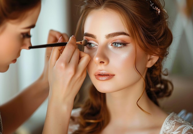 Foto de una maquilladora haciendo un maquillaje elegante para la novia.