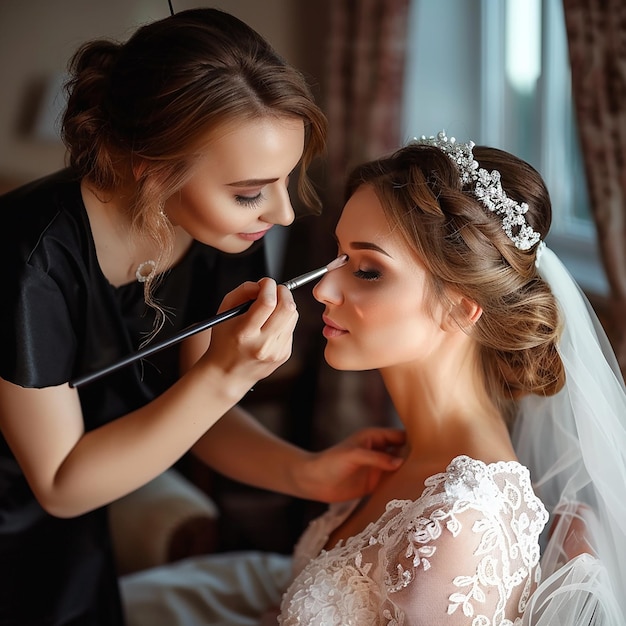 Foto de una maquilladora haciendo un maquillaje elegante para la novia.