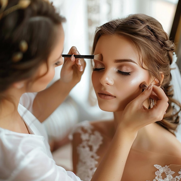 Foto foto de una maquilladora haciendo un maquillaje elegante para la novia.