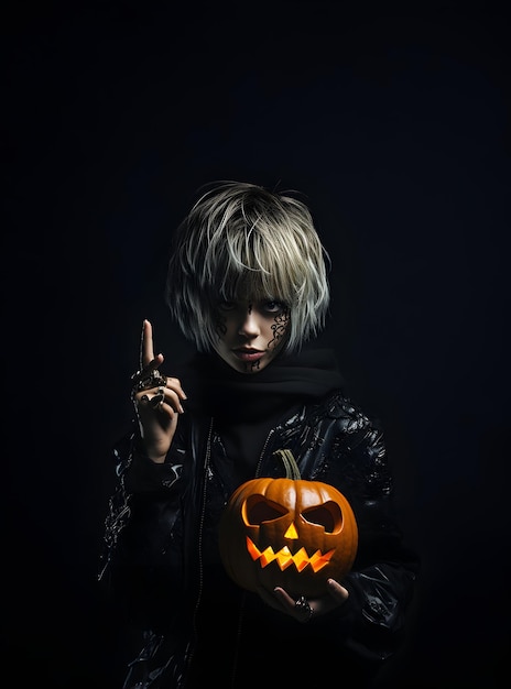 Foto foto maquillaje de monstruo masculino aterrador y espeluznante para el día de halloween con calabaza banner de venta del día de halloween