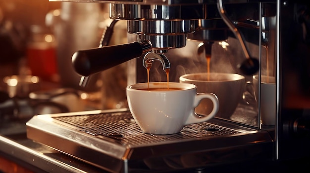 Una foto de una máquina de espresso con una taza de café humeante