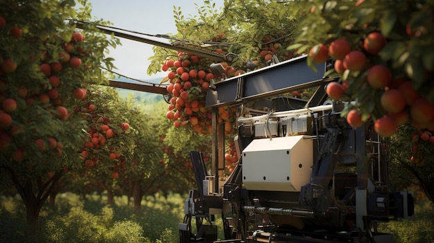 Una foto de una máquina recolectora de frutas en un huerto.