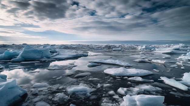 Una foto de un mar congelado con un cielo nublado e icebergs.