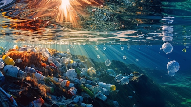 Una foto de un mar con muchas botellas de plástico flotando en el agua.