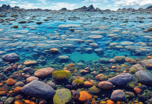 Una foto de un mar con rocas y el cielo de fondo.