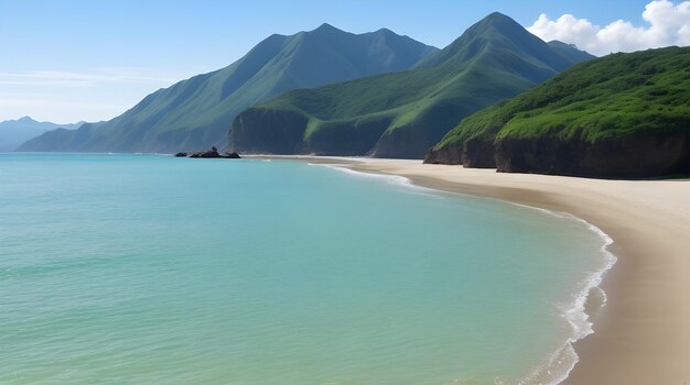 Foto foto mar vacío y fondo de playa con montañas verdes