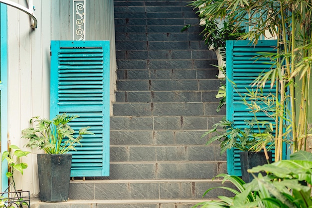 Foto de marco de estilo de vida de espacio de copia Edificio entrar fachada exterior piedra gris subir escaleras abrir puerta de madera pintada Azul Crayola color turquesa Verano día romance tradicional Verdor decorar