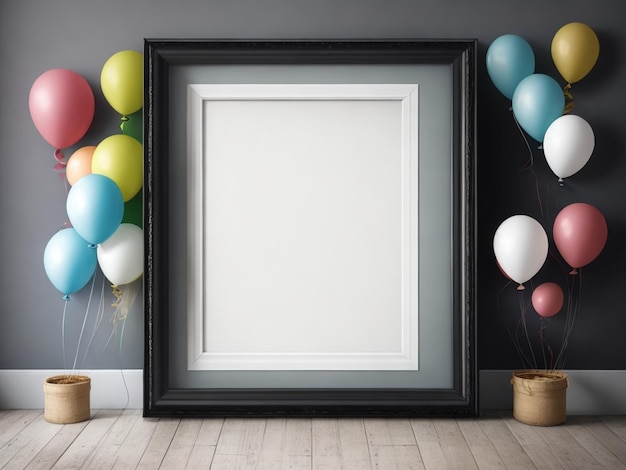 Foto foto un marco con un montón de globos pegado a una pared