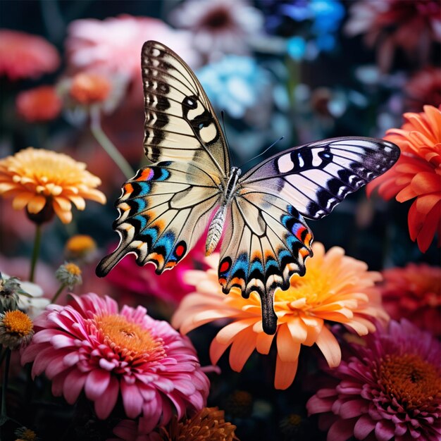 foto de una mariposa entre flores de colores