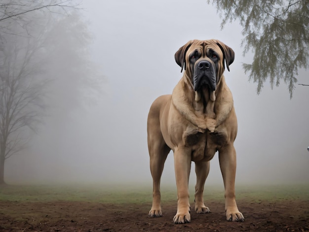 Foto de un mastiff de pie en la niebla