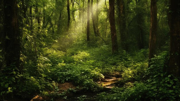 Una foto de un matorral denso con verdes y marrones terrosos manchados por la luz del sol