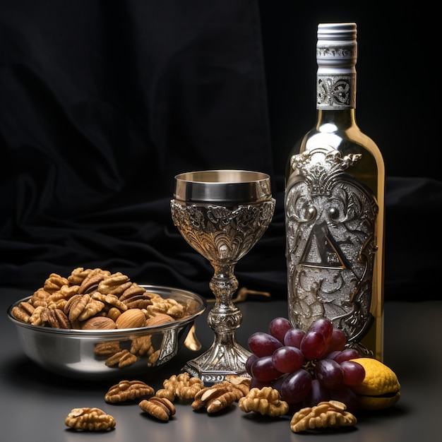 Foto Matzoth-Flasche mit koscher Wein, ein silberner Becher mit Wein, Walnüssen, Obstmischungen und Stacheln