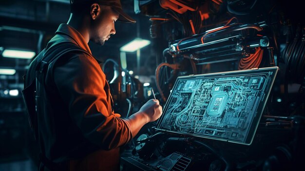 Foto una foto de un mecánico realizando un escáner de diagnóstico
