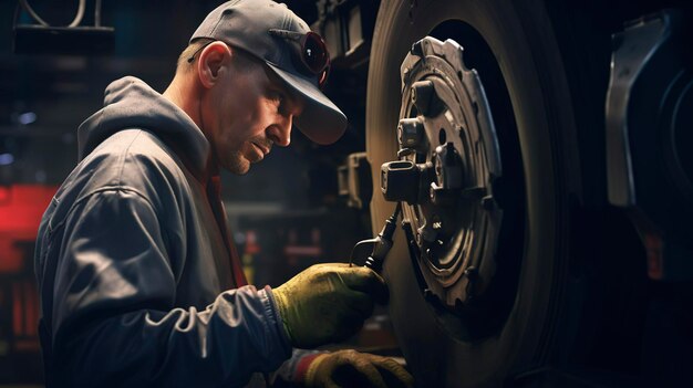 Foto una foto de un mecánico realizando una inspección de frenos