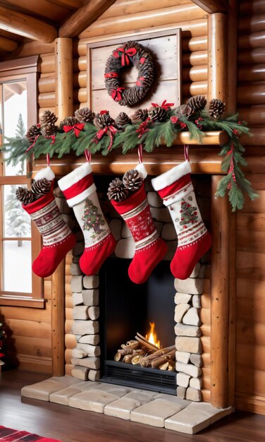 Foto de medias navideñas llenas de piñas, adornos de vidrio y bastones de caramelo en la cabaña de troncos...