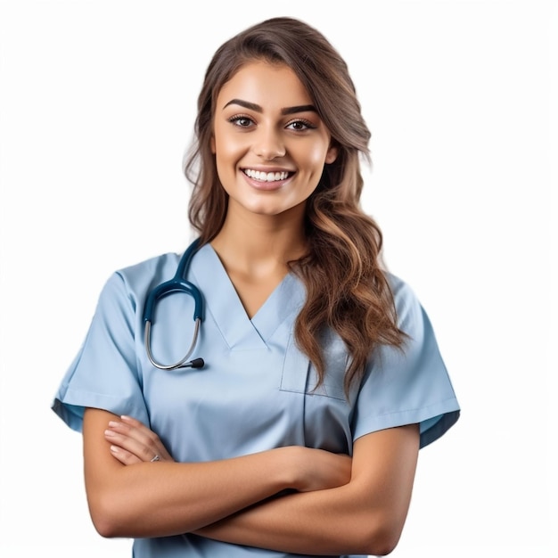 foto médica médica em uniforme médico com estetoscópio cruzando os braços no peito sorrindo