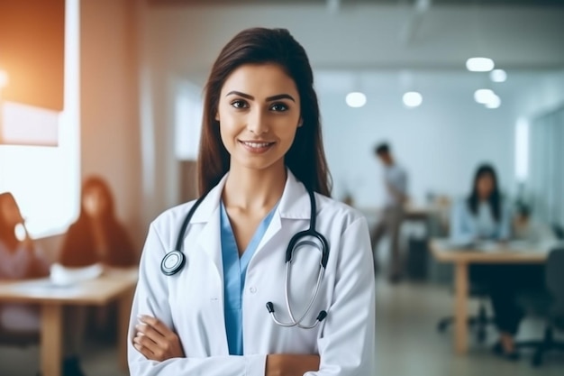 foto médica médica em uniforme médico com estetoscópio cruzando os braços no peito sorrindo