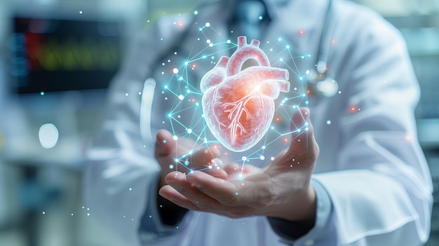 Foto de un médico con un corazón holográfico en las manos