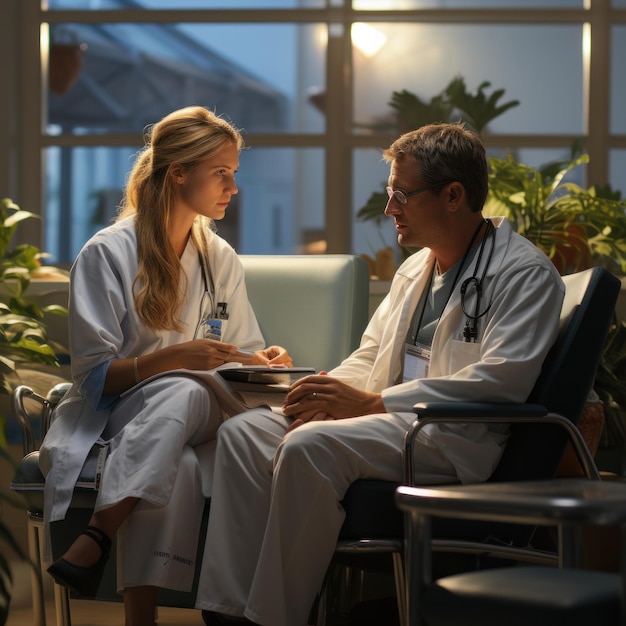 Foto de un médico y una enfermera discutiendo la atención al paciente en un hospital IA generativa