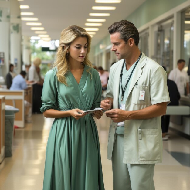 Foto de un médico y una enfermera discutiendo la atención al paciente en un hospital IA generativa