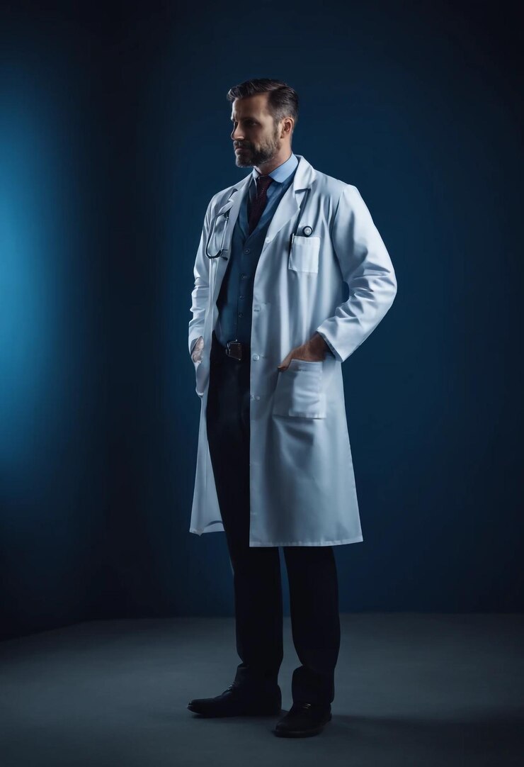 Foto de un médico modelo sobre un fondo azul