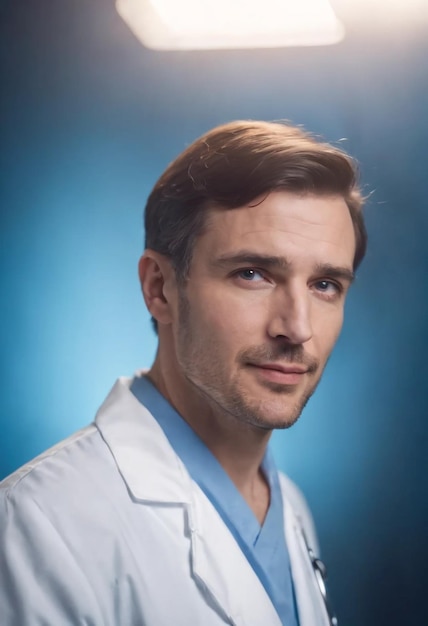 Foto de un médico modelo sobre un fondo azul