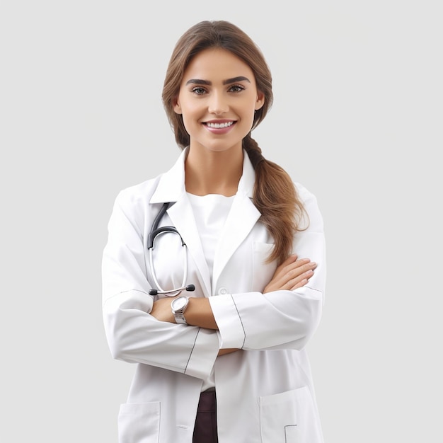 foto médico mujer médico en uniforme médico con estetoscopio brazos cruzados en el pecho sonriendo