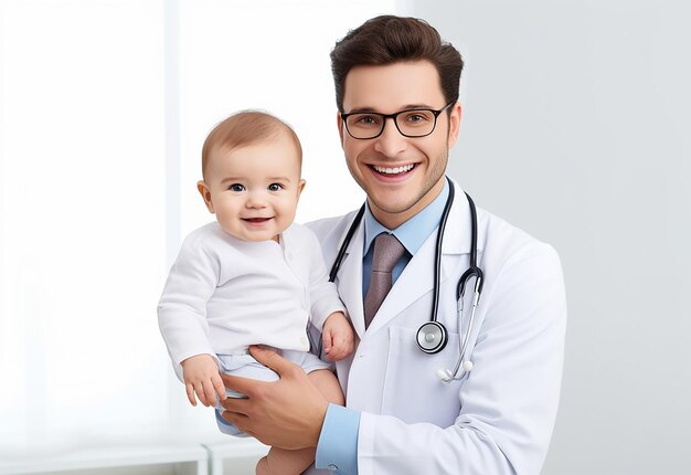 Foto foto de un médico pediatra comprobando el latido del corazón de un bebé