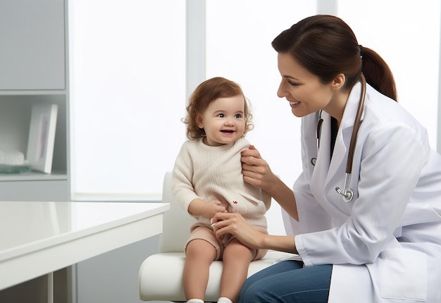 Foto del médico pediatra revisando los latidos del corazón del bebé